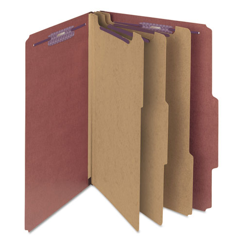 Picture of Pressboard Classification Folders, Eight SafeSHIELD Fasteners, 2/5-Cut Tabs, 3 Dividers, Legal Size, Red, 10/Box