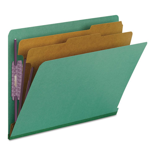 Picture of End Tab Pressboard Classification Folders, Six SafeSHIELD Fasteners, 2" Expansion, 2 Dividers, Letter Size, Green, 10/Box