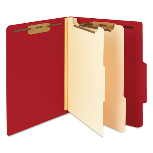 Picture of Top Tab Classification Folders, Six SafeSHIELD Fasteners, 2" Expansion, 2 Dividers, Letter Size, Red Exterior, 10/Box