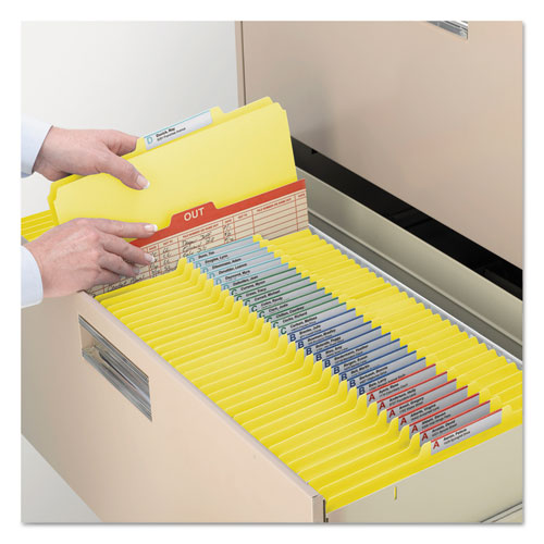 Picture of Top Tab Classification Folders, Four SafeSHIELD Fasteners, 2" Expansion, 1 Divider, Letter Size, Yellow Exterior, 10/Box