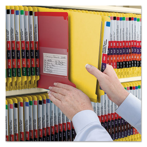 Picture of End Tab Pressboard Classification Folders, Six SafeSHIELD Fasteners, 2" Expansion, 2 Dividers, Letter Size, Yellow, 10/Box