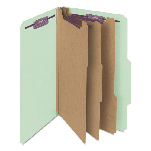 Picture of Pressboard Classification Folders, Eight SafeSHIELD Fasteners, 2/5-Cut Tabs, 3 Dividers, Legal Size, Gray-Green, 10/Box