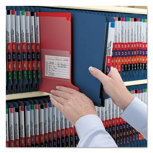 Picture of End Tab Pressboard Classification Folders, Six SafeSHIELD Fasteners, 2" Expansion, 2 Dividers, Letter Size, Dark Blue, 10/Box