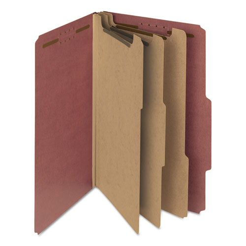 Picture of Recycled Pressboard Classification Folders, 3" Expansion, 3 Dividers, 8 Fasteners, Legal Size, Red Exterior, 10/Box