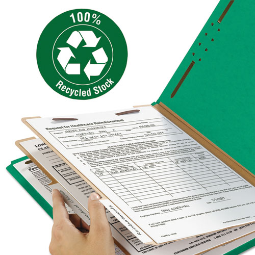 Picture of Recycled Pressboard Classification Folders, 2" Expansion, 2 Dividers, 6 Fasteners, Letter Size, Green Exterior, 10/Box