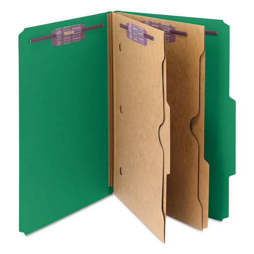 Picture of 6-Section Pressboard Top Tab Pocket Classification Folders, 6 SafeSHIELD Fasteners, 2 Dividers, Legal Size, Green, 10/Box