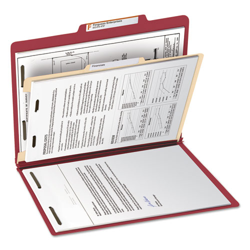 Picture of Top Tab Classification Folders, Four SafeSHIELD Fasteners, 2" Expansion, 1 Divider, Letter Size, Red Exterior, 10/Box