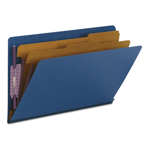 Picture of End Tab Pressboard Classification Folders, Six SafeSHIELD Fasteners, 2" Expansion, 2 Dividers, Legal Size, Dark Blue, 10/Box