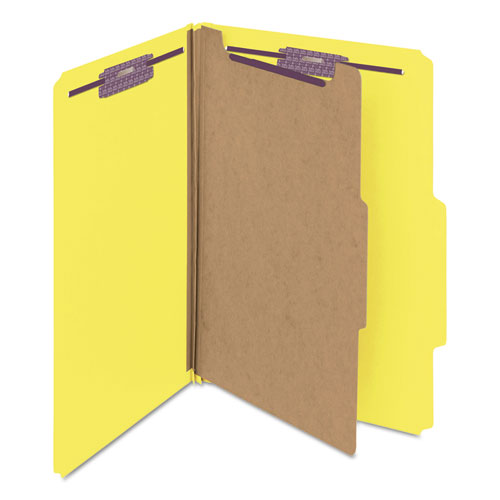 Picture of Four-Section Pressboard Top Tab Classification Folders, Four SafeSHIELD Fasteners, 1 Divider, Legal Size, Yellow, 10/Box