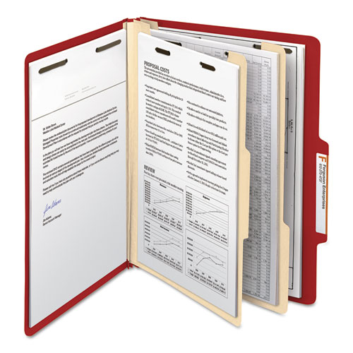 Picture of Top Tab Classification Folders, Six SafeSHIELD Fasteners, 2" Expansion, 2 Dividers, Letter Size, Red Exterior, 10/Box