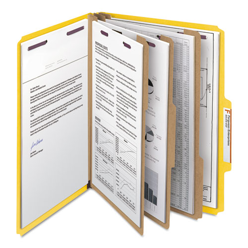 Picture of Eight-Section Pressboard Top Tab Classification Folders, Eight SafeSHIELD Fasteners, 3 Dividers, Letter Size, Yellow, 10/Box