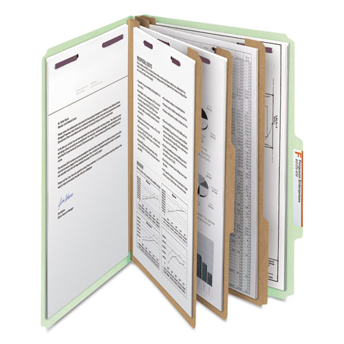 Picture of Pressboard Classification Folders, Eight SafeSHIELD Fasteners, 2/5-Cut Tabs, 3 Dividers, Legal Size, Gray-Green, 10/Box