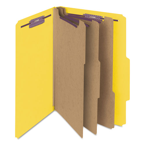 Picture of Eight-Section Pressboard Top Tab Classification Folders, Eight SafeSHIELD Fasteners, 3 Dividers, Legal Size, Yellow, 10/Box