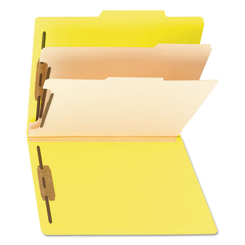 Picture of Top Tab Classification Folders, Six SafeSHIELD Fasteners, 2" Expansion, 2 Dividers, Letter Size, Yellow Exterior, 10/Box