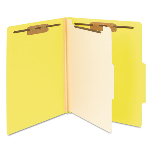 Picture of Top Tab Classification Folders, Four SafeSHIELD Fasteners, 2" Expansion, 1 Divider, Letter Size, Yellow Exterior, 10/Box