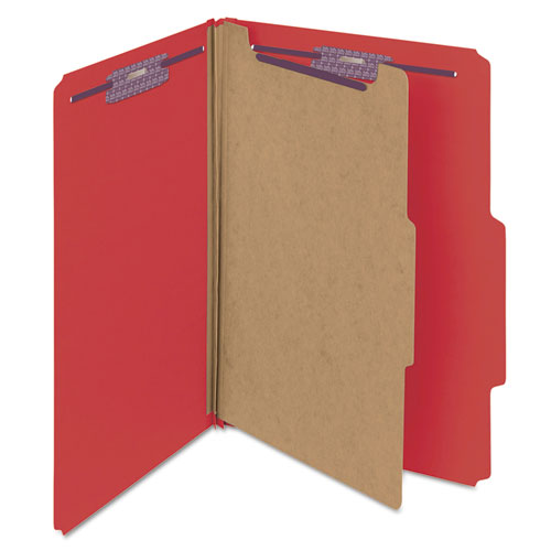 Picture of Four-Section Pressboard Top Tab Classification Folders, Four SafeSHIELD Fasteners, 1 Divider, Legal Size, Bright Red, 10/Box