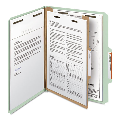 Picture of Recycled Pressboard Classification Folders, 3" Expansion, 3 Dividers, 8 Fasteners, Legal Size, Gray-Green, 10/Box