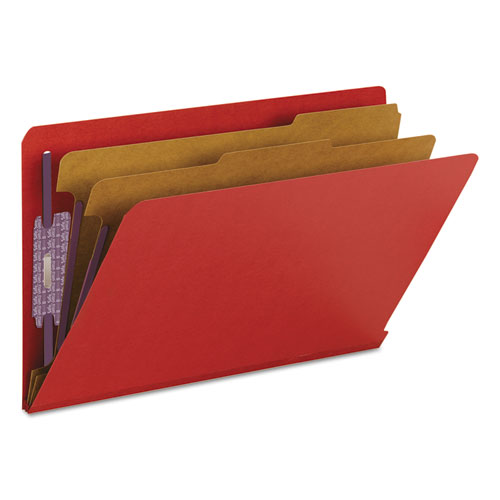 Picture of End Tab Pressboard Classification Folders, Six SafeSHIELD Fasteners, 2" Expansion, 2 Dividers, Legal Size, Bright Red, 10/Box