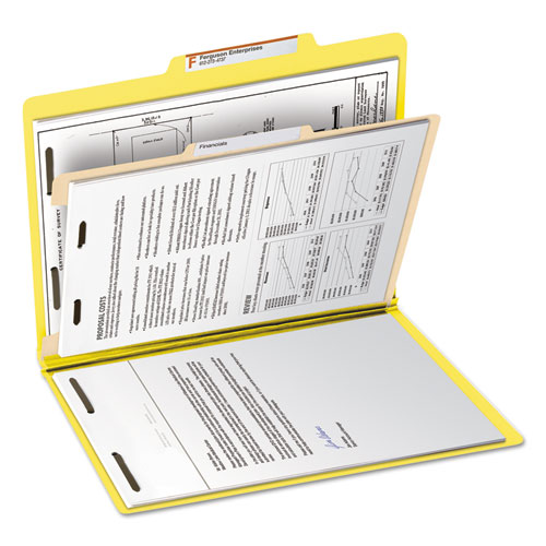 Picture of Top Tab Classification Folders, Four SafeSHIELD Fasteners, 2" Expansion, 1 Divider, Letter Size, Yellow Exterior, 10/Box