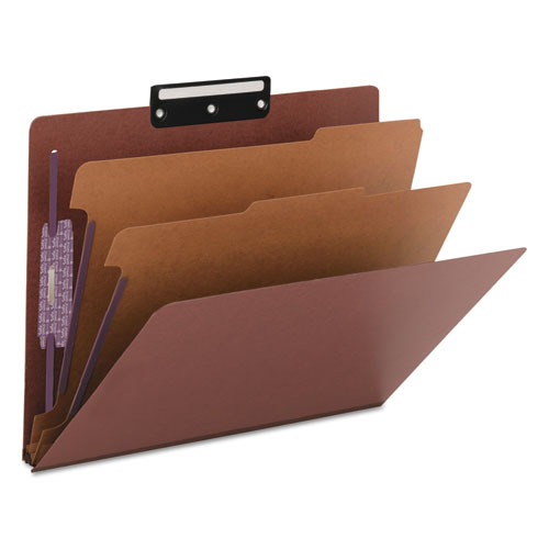 Picture of Pressboard Classification Folders, Six SafeSHIELD Fasteners, 1/3-Cut Tabs, 2 Dividers, Letter Size, Red, 10/Box