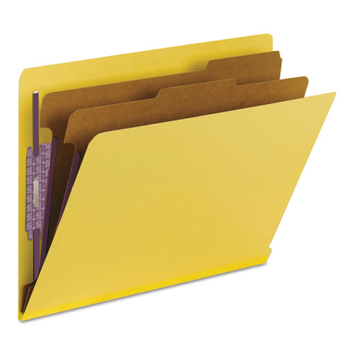 Picture of End Tab Pressboard Classification Folders, Six SafeSHIELD Fasteners, 2" Expansion, 2 Dividers, Letter Size, Yellow, 10/Box