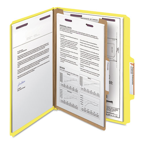 Picture of Four-Section Pressboard Top Tab Classification Folders, Four SafeSHIELD Fasteners, 1 Divider, Letter Size, Yellow, 10/Box