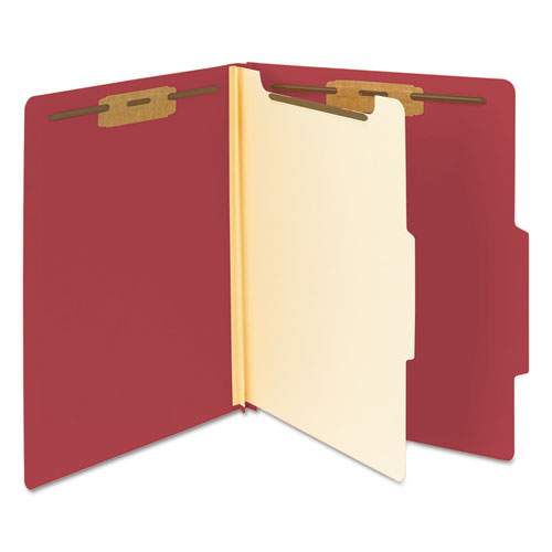 Picture of Top Tab Classification Folders, Four SafeSHIELD Fasteners, 2" Expansion, 1 Divider, Letter Size, Red Exterior, 10/Box