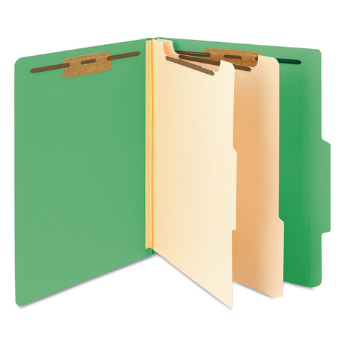 Picture of Top Tab Classification Folders, Six SafeSHIELD Fasteners, 2" Expansion, 2 Dividers, Letter Size, Green Exterior, 10/Box