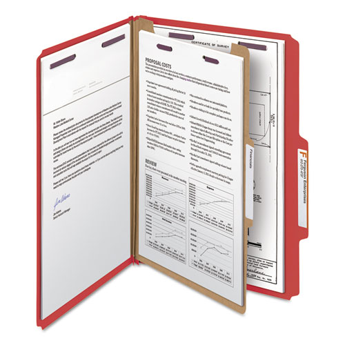 Picture of Four-Section Pressboard Top Tab Classification Folders, Four SafeSHIELD Fasteners, 1 Divider, Legal Size, Bright Red, 10/Box