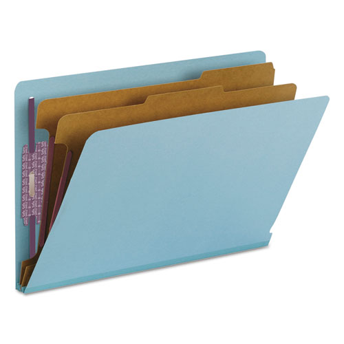 Picture of End Tab Pressboard Classification Folders, Six SafeSHIELD Fasteners, 2" Expansion, 2 Dividers, Legal Size, Blue, 10/Box