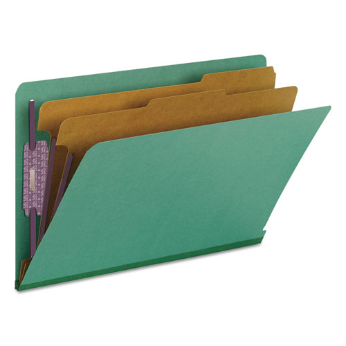 Picture of End Tab Pressboard Classification Folders, Six SafeSHIELD Fasteners, 2" Expansion, 2 Dividers, Legal Size, Green, 10/Box