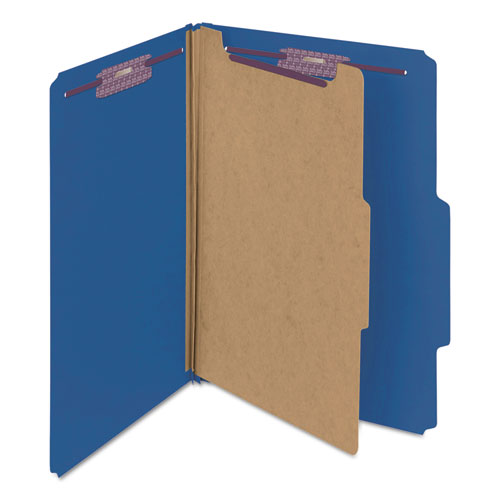 Picture of Four-Section Pressboard Top Tab Classification Folders, Four SafeSHIELD Fasteners, 1 Divider, Legal Size, Dark Blue, 10/Box