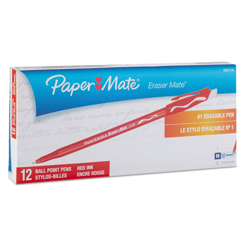 Picture of Eraser Mate Ballpoint Pen, Stick, Medium 1 mm, Red Ink, Red Barrel, Dozen