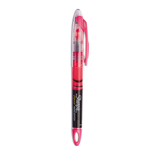 Picture of Liquid Pen Style Highlighters, Fluorescent Pink Ink, Chisel Tip, Pink/Black/Clear Barrel, Dozen