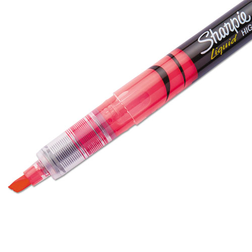 Picture of Liquid Pen Style Highlighters, Fluorescent Pink Ink, Chisel Tip, Pink/Black/Clear Barrel, Dozen