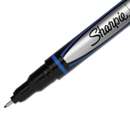 Picture of Water-Resistant Ink Porous Point Pen, Stick, Fine 0.4 mm, Blue Ink, Black/Blue Barrel, Dozen