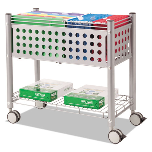 Picture of File Cart with Open Top, Metal, 1 Shelf, 2 Bins, 28.25" x 13.75" x 27.38", Matte Gray