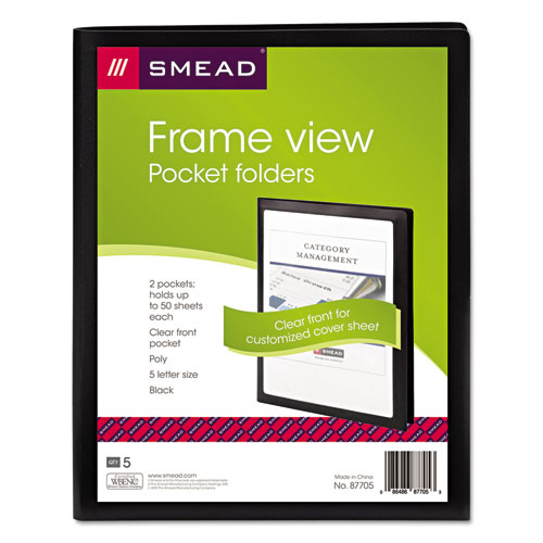 Picture of Frame View Poly Two-Pocket Folder, 100-Sheet Capacity, 11 x 8.5, Clear/Black, 5/Pack