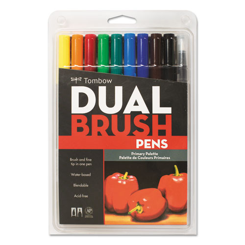 Picture of Dual Brush Pen 10-Color Set, Broad Brush/Fine Bullet Tips, Assorted Primary Colors, 10/Pack