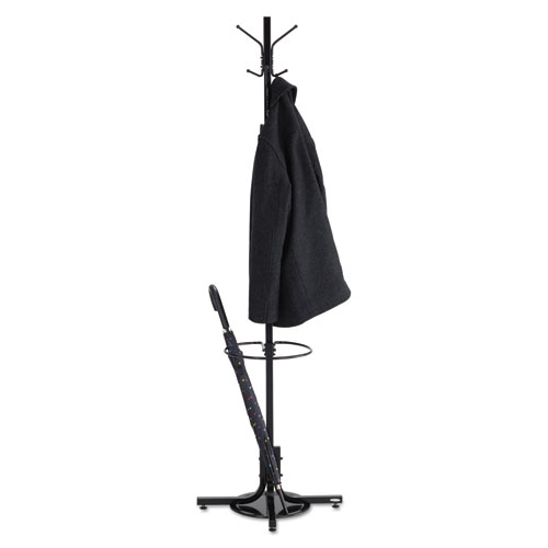 Picture of Metal Costumer with Umbrella Holder, Four Ball-Tipped Double-Hooks, 21w x 21d x 70h, Black
