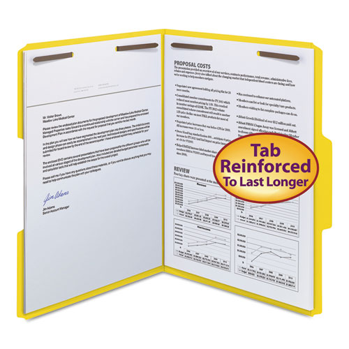 Picture of WaterShed CutLess Reinforced Top Tab Fastener Folders, 0.75" Expansion, 2 Fasteners, Letter Size, Yellow Exterior, 50/Box