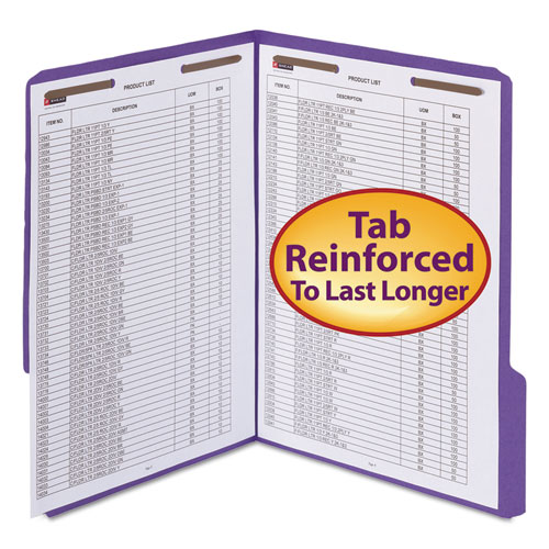 Picture of WaterShed CutLess Reinforced Top Tab Fastener Folders, 0.75" Expansion, 2 Fasteners, Letter Size, Purple Exterior, 50/Box
