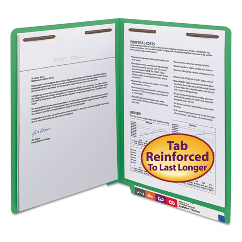 Picture of WaterShed CutLess End Tab Fastener Folders, 0.75" Expansion, 2 Fasteners, Letter Size, Green Exterior, 50/Box