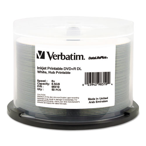 Picture of DVD+R Dual Layer Printable Recordable Disc, 8.5 GB, 8x, Spindle, White, 50/Pack