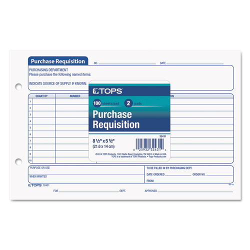Picture of Purchase Requisition Pad, One-Part (No Copies), 5.5 x 8.5, 100 Forms/Pad, 2 Pads/Pack
