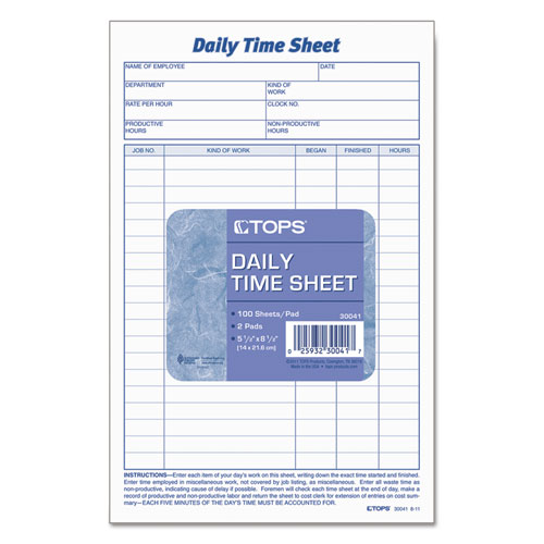 Picture of Daily Time and Job Sheets, One-Part (No Copies), 8.5 x 5.5, 200 Forms/Pad, 2 Pads/Pack