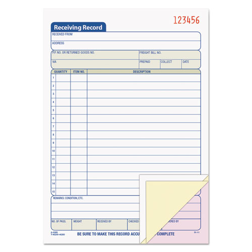 Picture of Receiving Record Book, Three-Part Carbonless, 5.56 x 7.94, 50 Forms Total