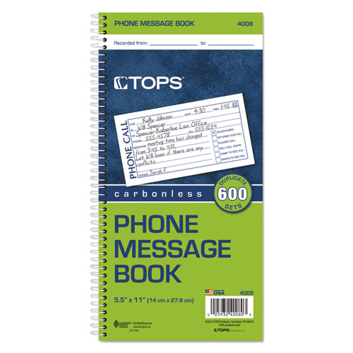 Picture of Spiralbound Message Book, Two-Part Carbonless, 5 x 2.75, 4 Forms/Sheet, 600 Forms Total
