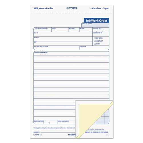 Picture of Job Work Order, Three-Part Carbonless, 5.66 x 8.63, 50 Forms Total