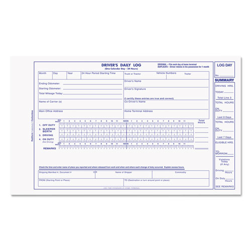 Picture of Driver's Daily Log Book, Two-Part Carbonless, 8.75 x 5.38, 31 Forms Total